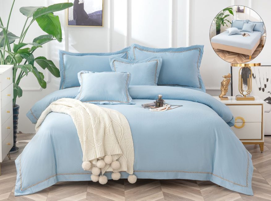 Lenjerie pat dublu, 6 piese,bleu, cu elastic,  M-01