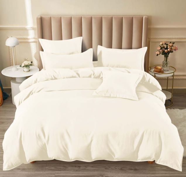 Lenjerie pat dublu, 6 piese,uni,crem, cu elastic T-178